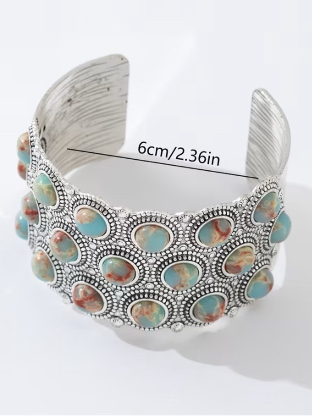 Turquoise Stone Silver-Tone Cuff Bracelet - Women Jewelry - Picture 3 of 5